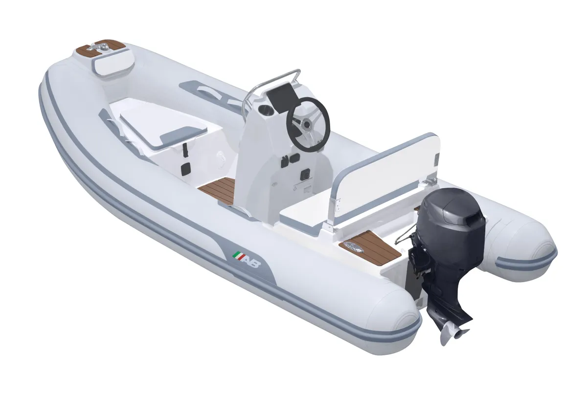 AB Inflatables Alumina 12 ALX: Rubber dinghy with an outboard motor on a studio background