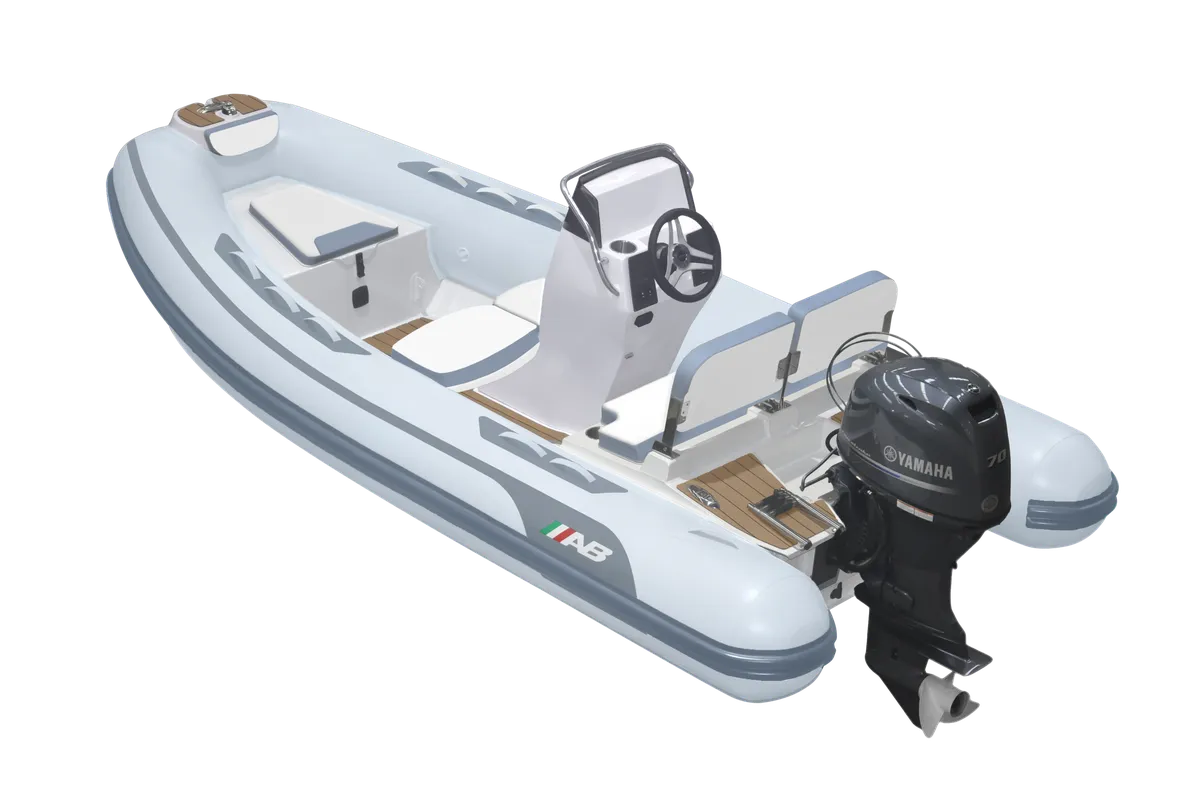 AB Inflatables Alumina 14 ALX: Rubber dinghy with an outboard motor, top view