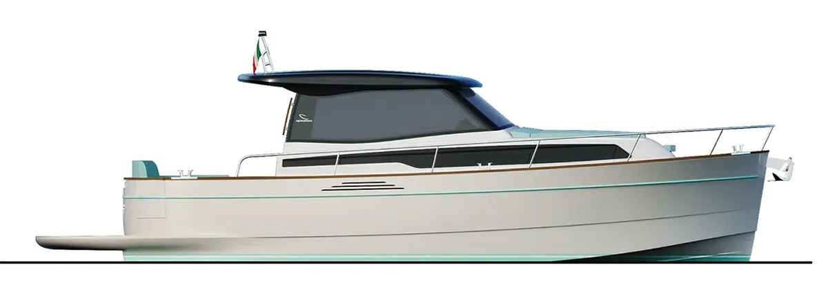 Apreamare Gozzo 38 Cabin: Side view of a boat on a white background