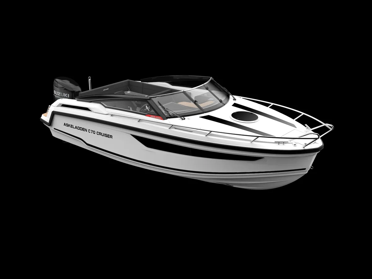 Askeladden C70 Cruiser: White motorboat on a black background