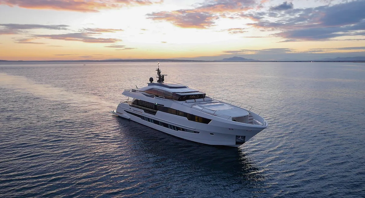 Astondoa 110 Century: Yacht cruising at sea at sunset