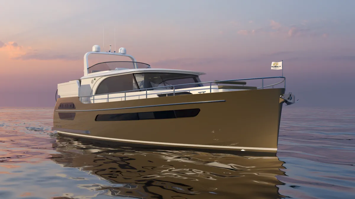 Babro Yachting Tridente 50 AC: Yacht auf ruhigem Wasser bei Sonnenuntergang