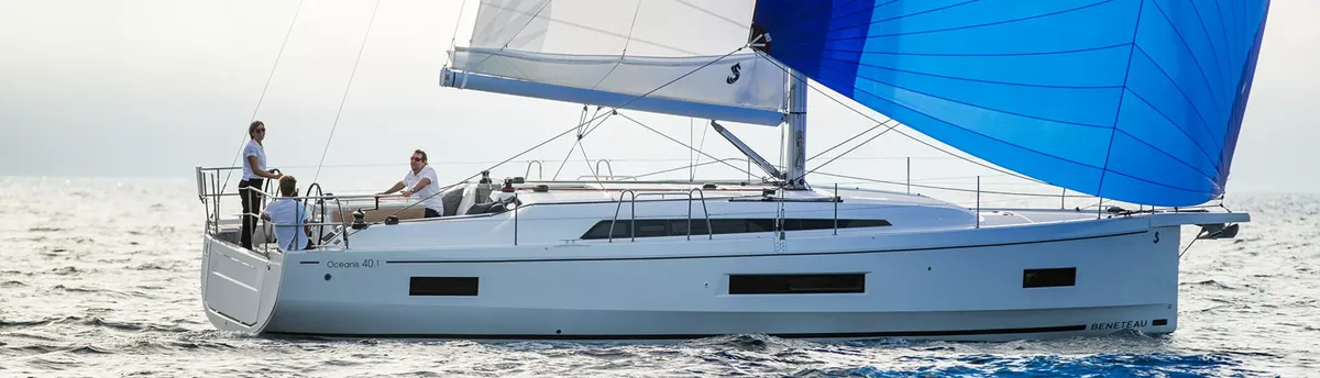 Beneteau Oceanis 40.1: Sailing boat with a blue spinnaker at sea