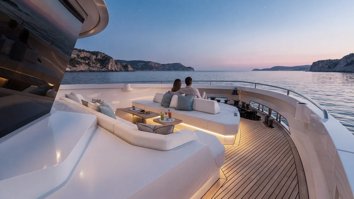 Bering Yachts B110: Achterdeck mit Lounge-Sofa und Meerblick