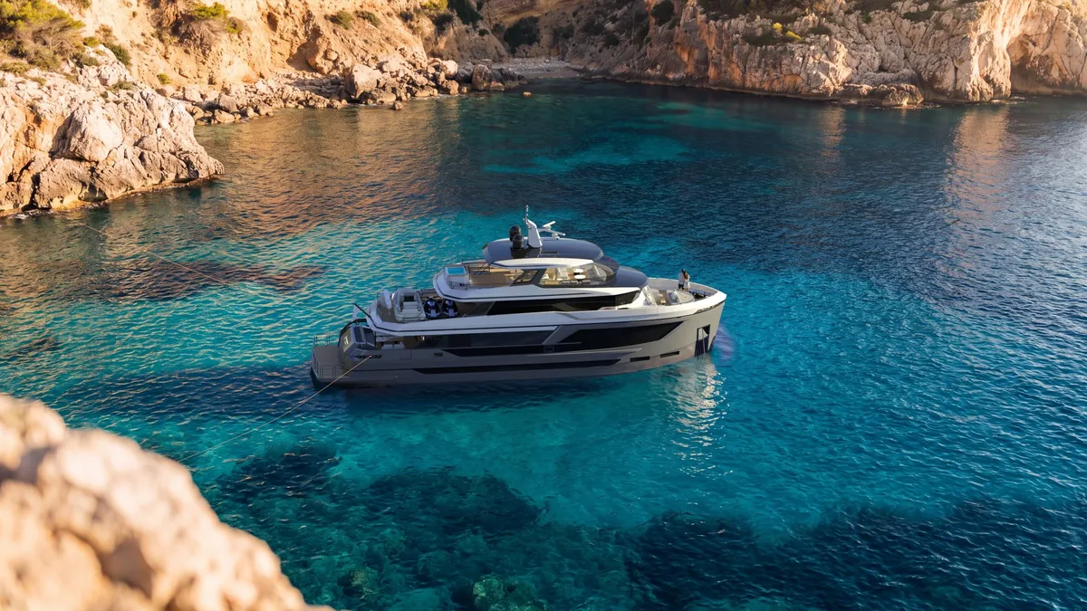 Bering Yachts B110: Yacht in a bay amongst the rocks