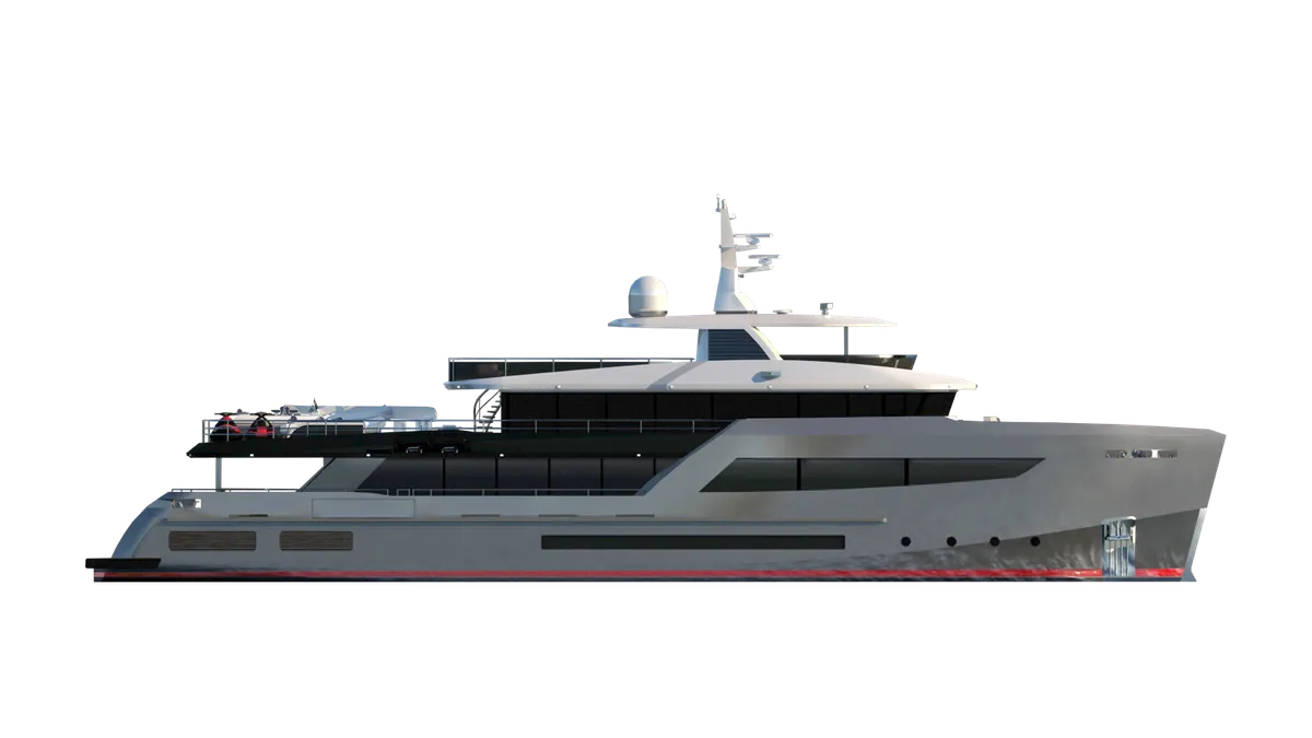 Bering Yachts B145: Seitenansicht einer Yacht vor transparentem Hintergrund