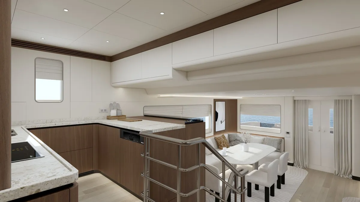 Bering Yachts B72: Bordküche mit Essbereich
