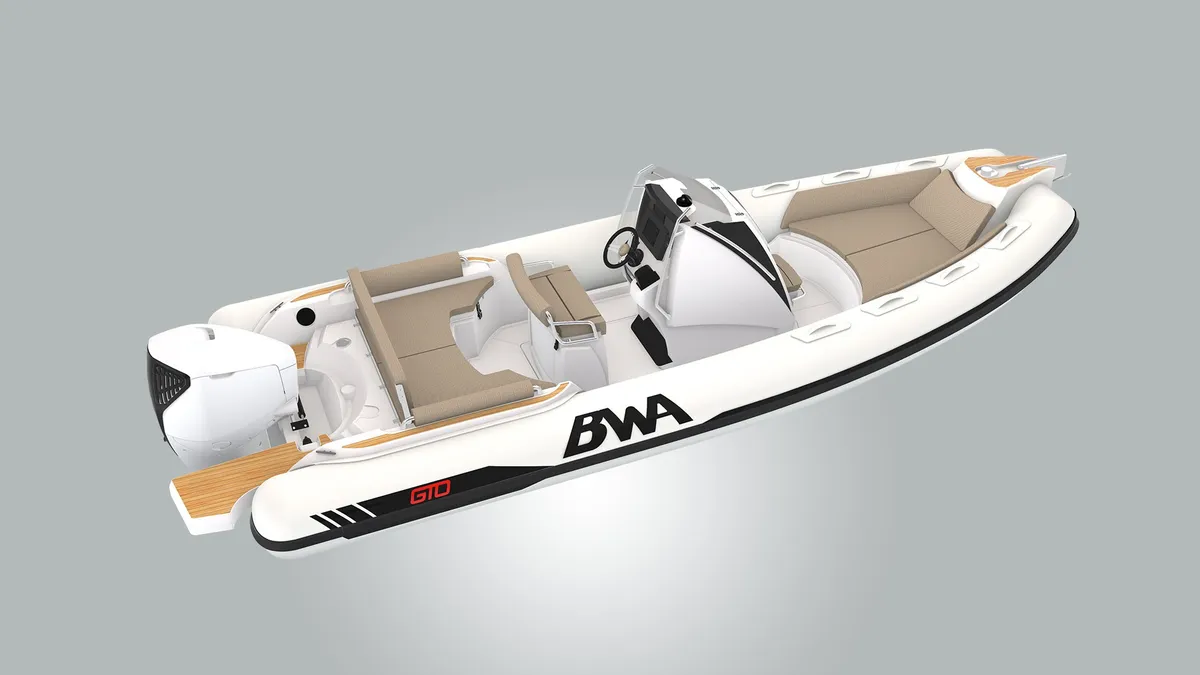 BWA Nautica GTO 258: Rubber dinghy with bench seats on a studio background