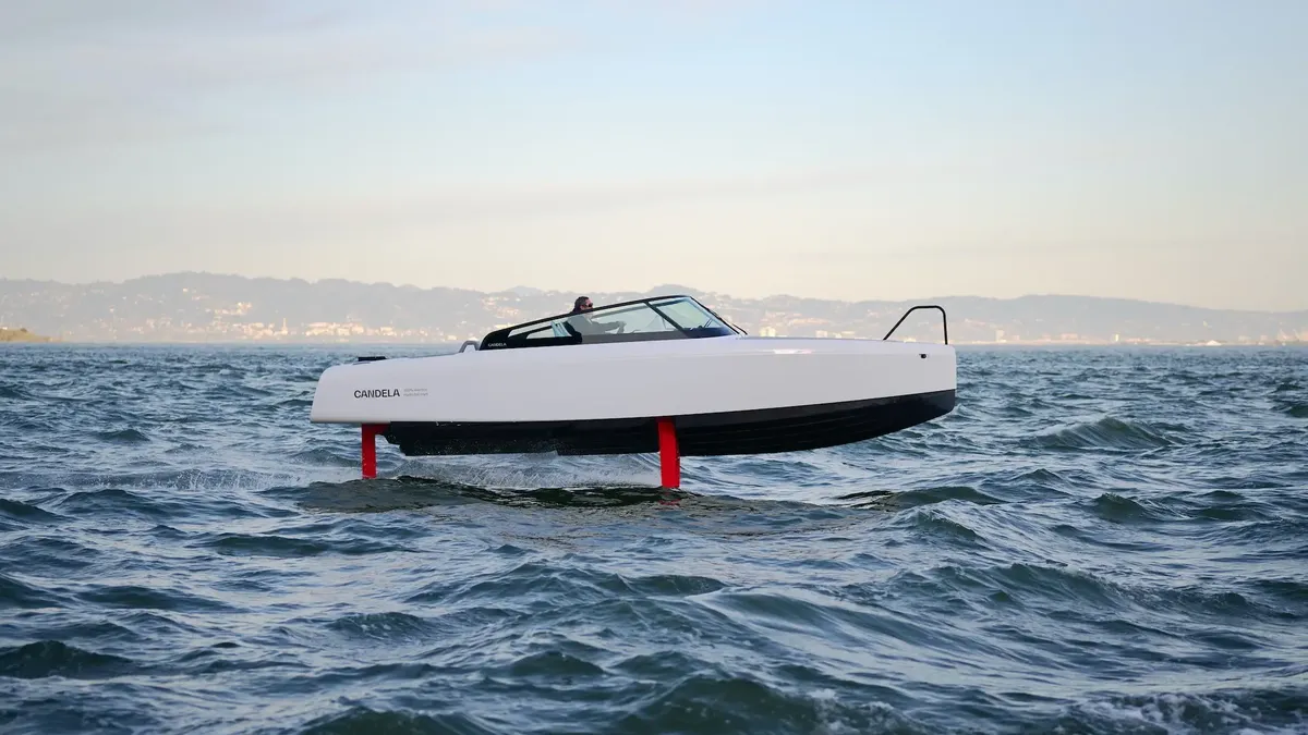 Candela C-8: Boat cruising on foils above the water