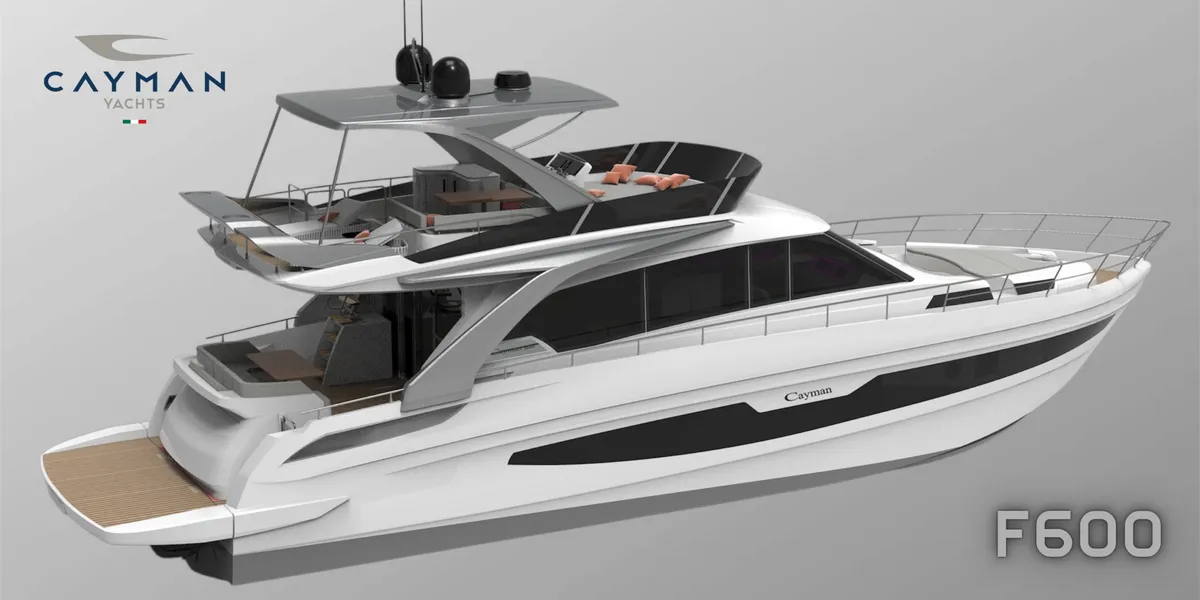 Cayman Yachts F600: Render of a white motorboat, side view