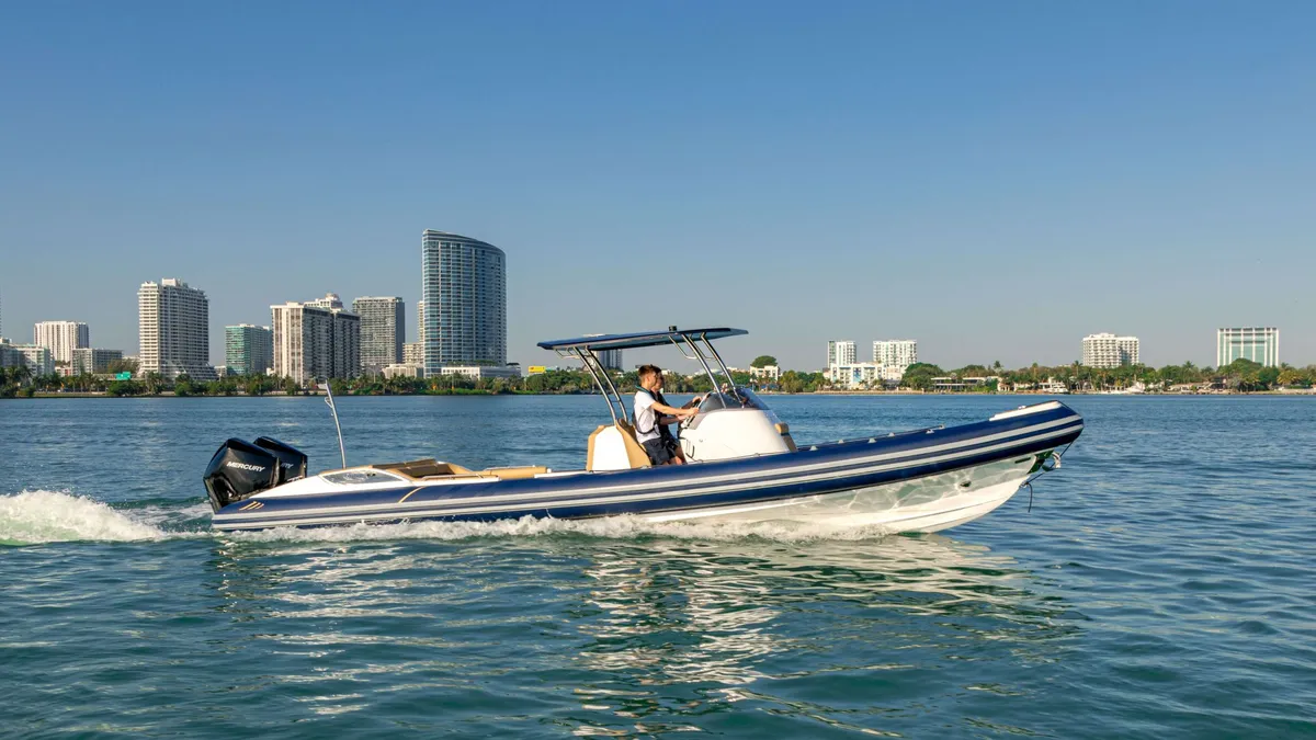 Cobra RIBs Nautique 9.7: Boat cruising against a city skyline