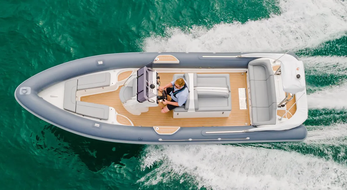 Cobra RIBs Patronus 7.2: Boat cruising at sea from a bird's-eye view