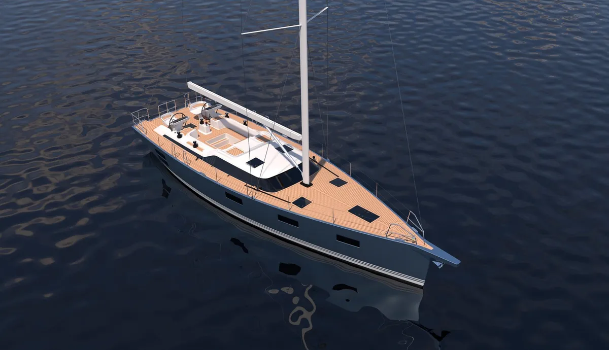 Contest Yachts 56CS: Sailing boat at sea, viewed from above