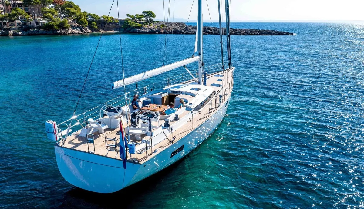 Contest Yachts 67CS: Sailing boat at anchor off the coast