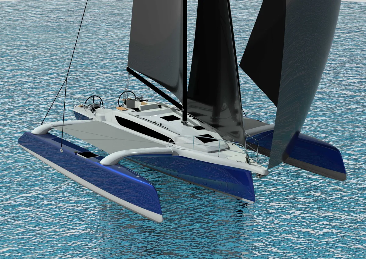 Dragonfly 33: Trimaran unter Segeln auf See