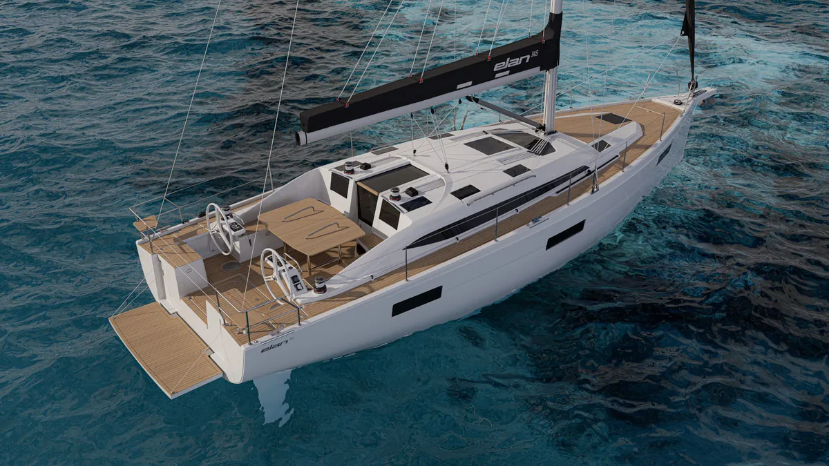 Elan Yachts Impression 45.1: Segelboot auf dem Meer, von oben betrachtet