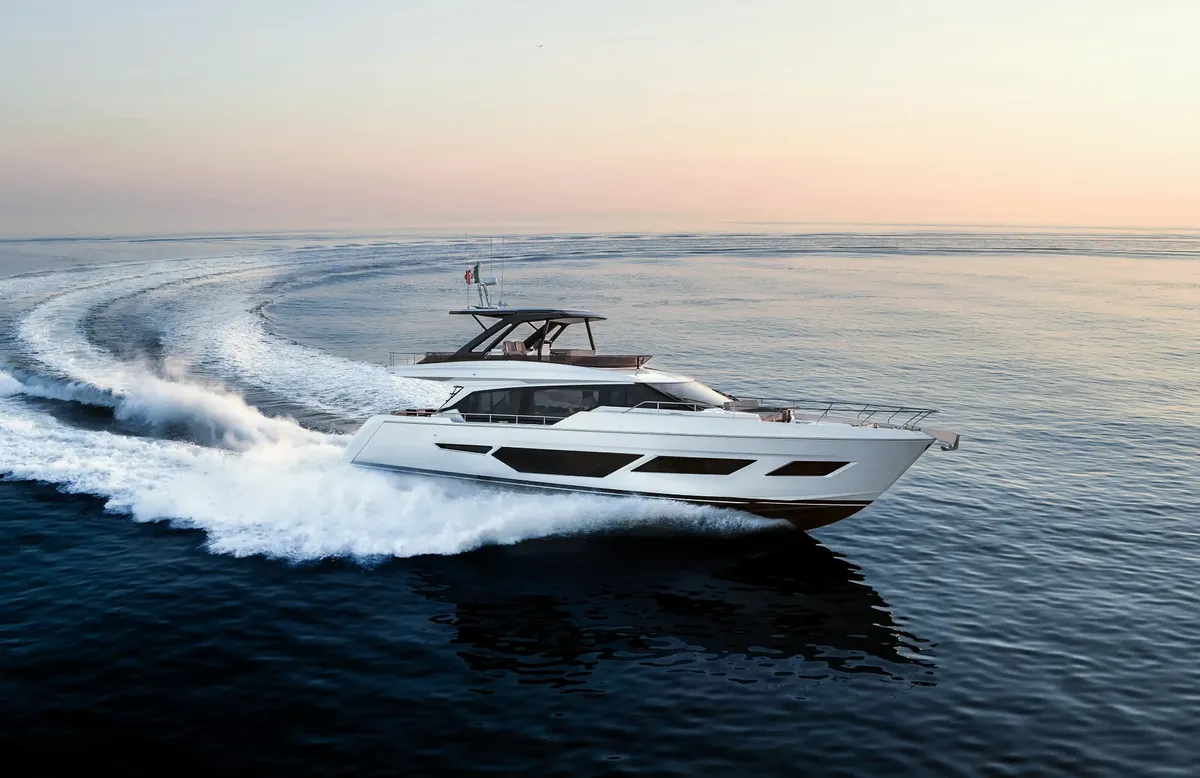 Ferretti Yachts 720: Yacht cruising at sea with a wake