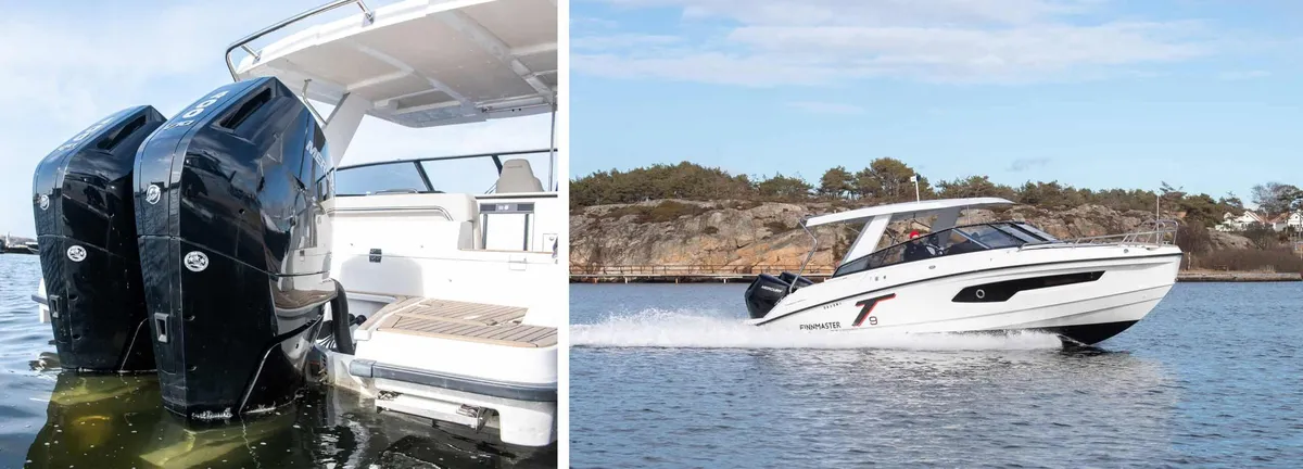 Finnmaster T9 T-Top: Bateau équipé de moteurs hors-bord en pleine navigation