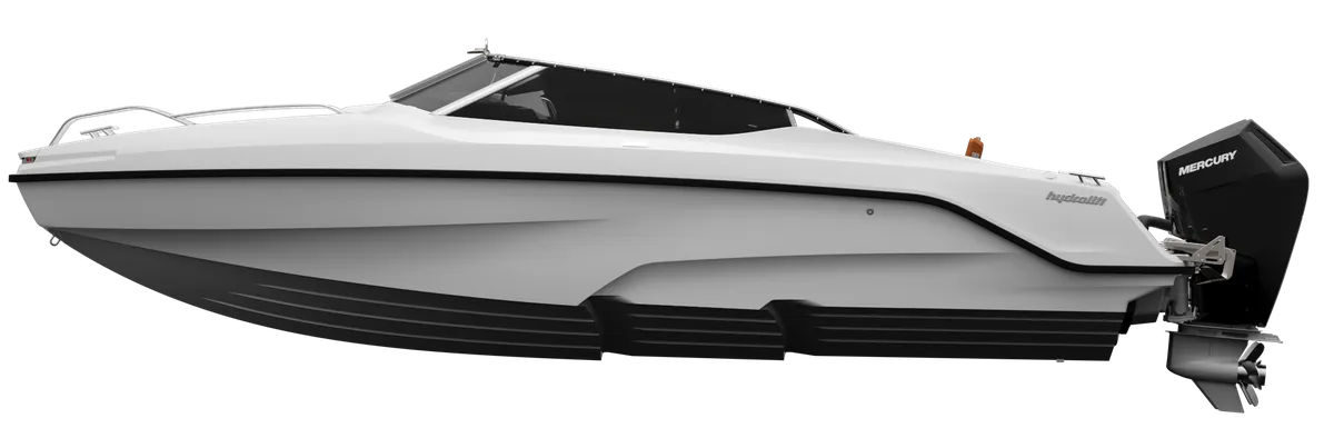 Hydrolift X-28 DC: Weißes Motorboot, Seitenansicht, Studioaufnahme