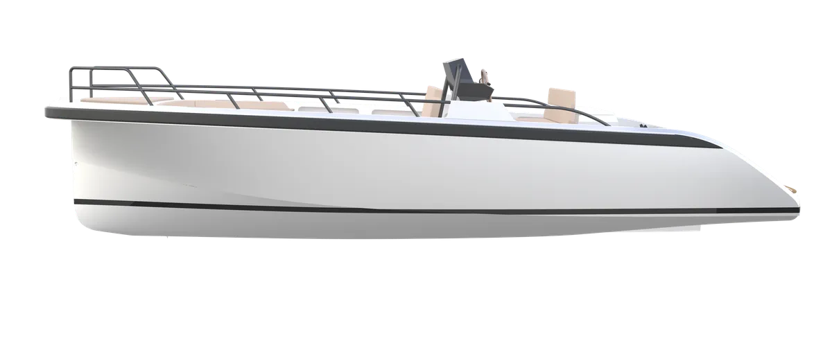 JR Yachts X8: Side view of a boat with a white hull