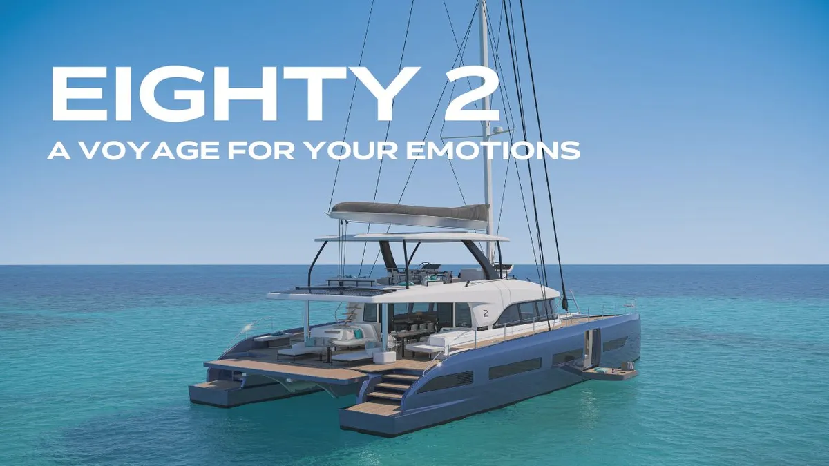 Lagoon Eighty 2: Catamaran at sea with text