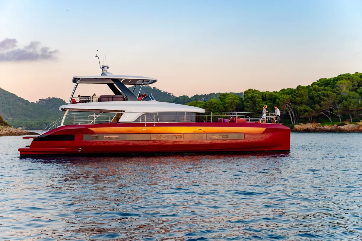 Lagoon Sixty 7: Red boat at anchor