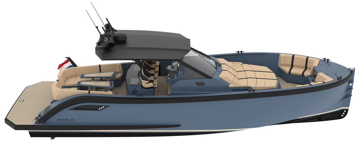 LEKKER Boats LK45: Vue de profil d'un bateau équipé de sièges de pêche