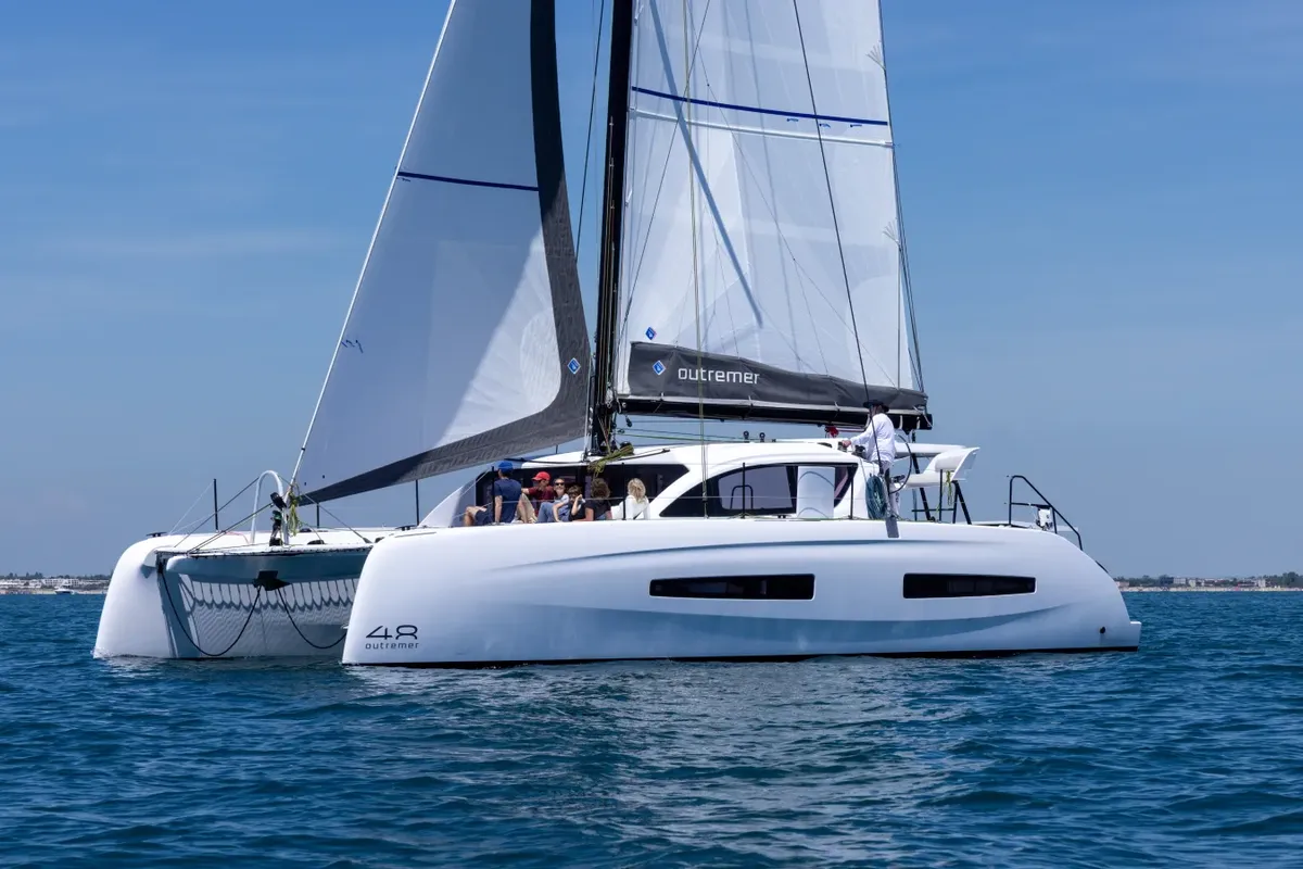 Outremer Catamarans 48: Catamaran with sails hoisted at sea