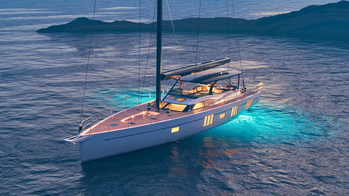 Oyster Yachts 805: Sailing yacht lit up at night