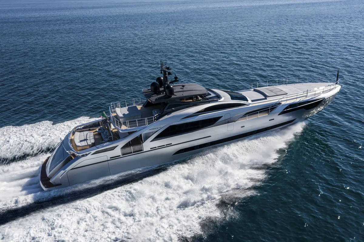 Pershing 140: Yacht cruising at sea with waves