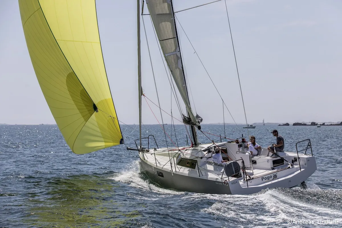 Pogo Structures 36: Sailing boat with a yellow spinnaker sail