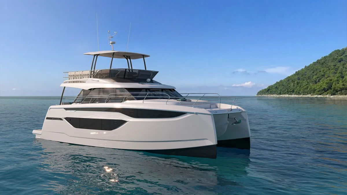 Prestige Yachts M6: Catamaran at anchor off the coast