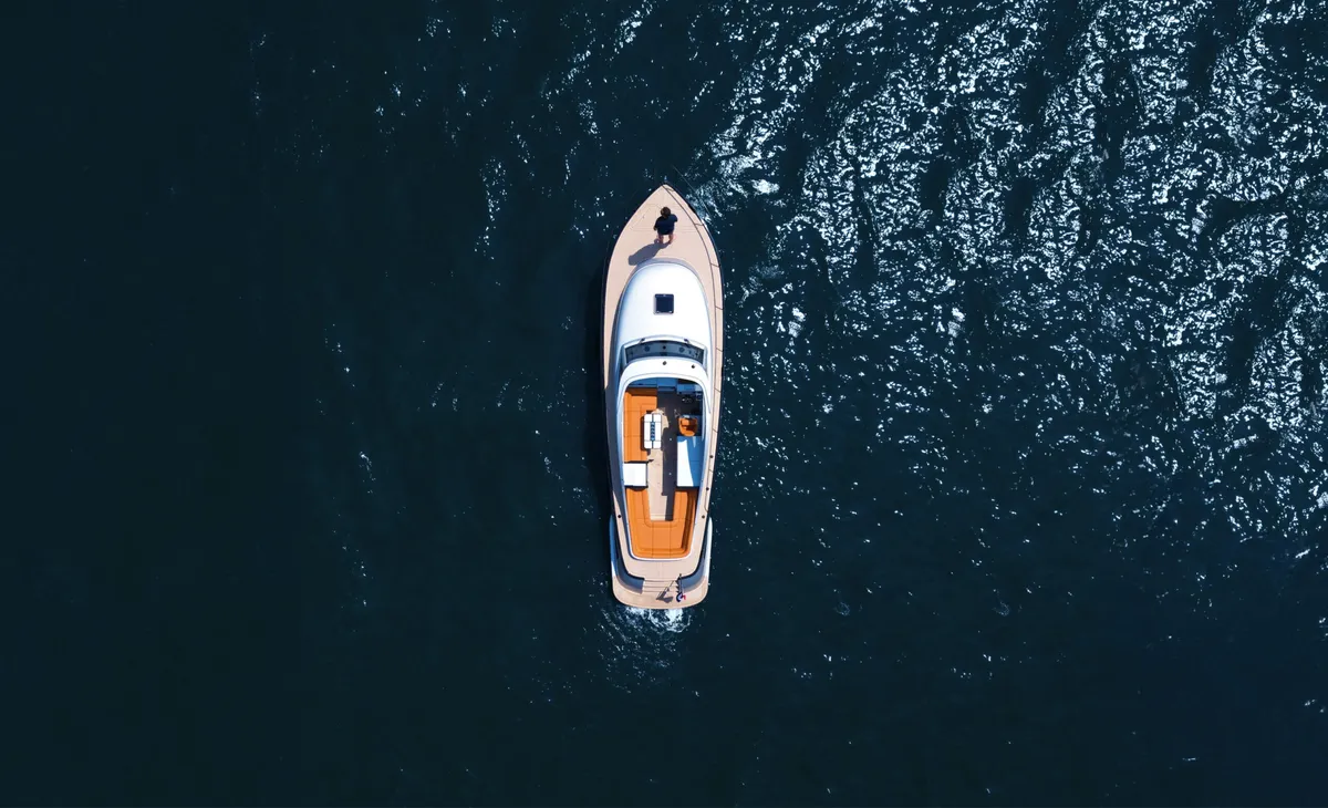 Rapsody Yachts R38: Aerial view of a boat on the water