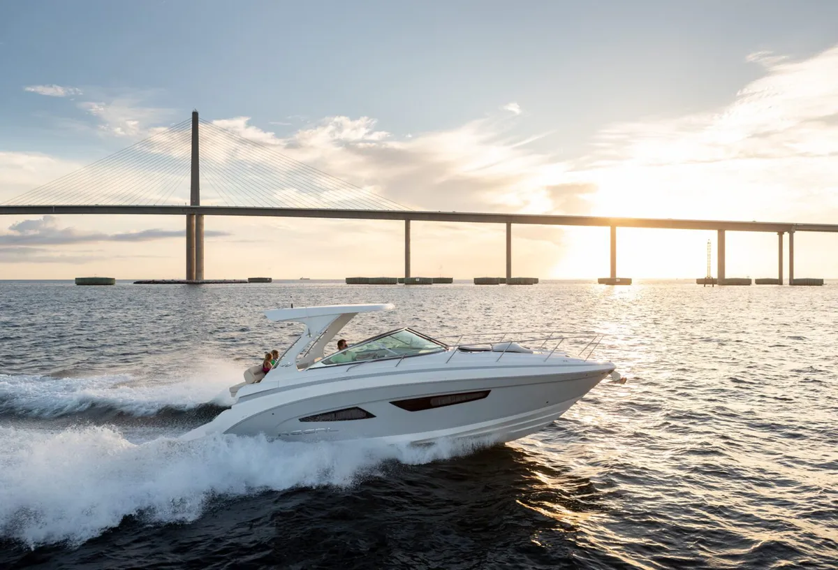 Regal 33 Express: Fahrt in der Nähe einer Brücke