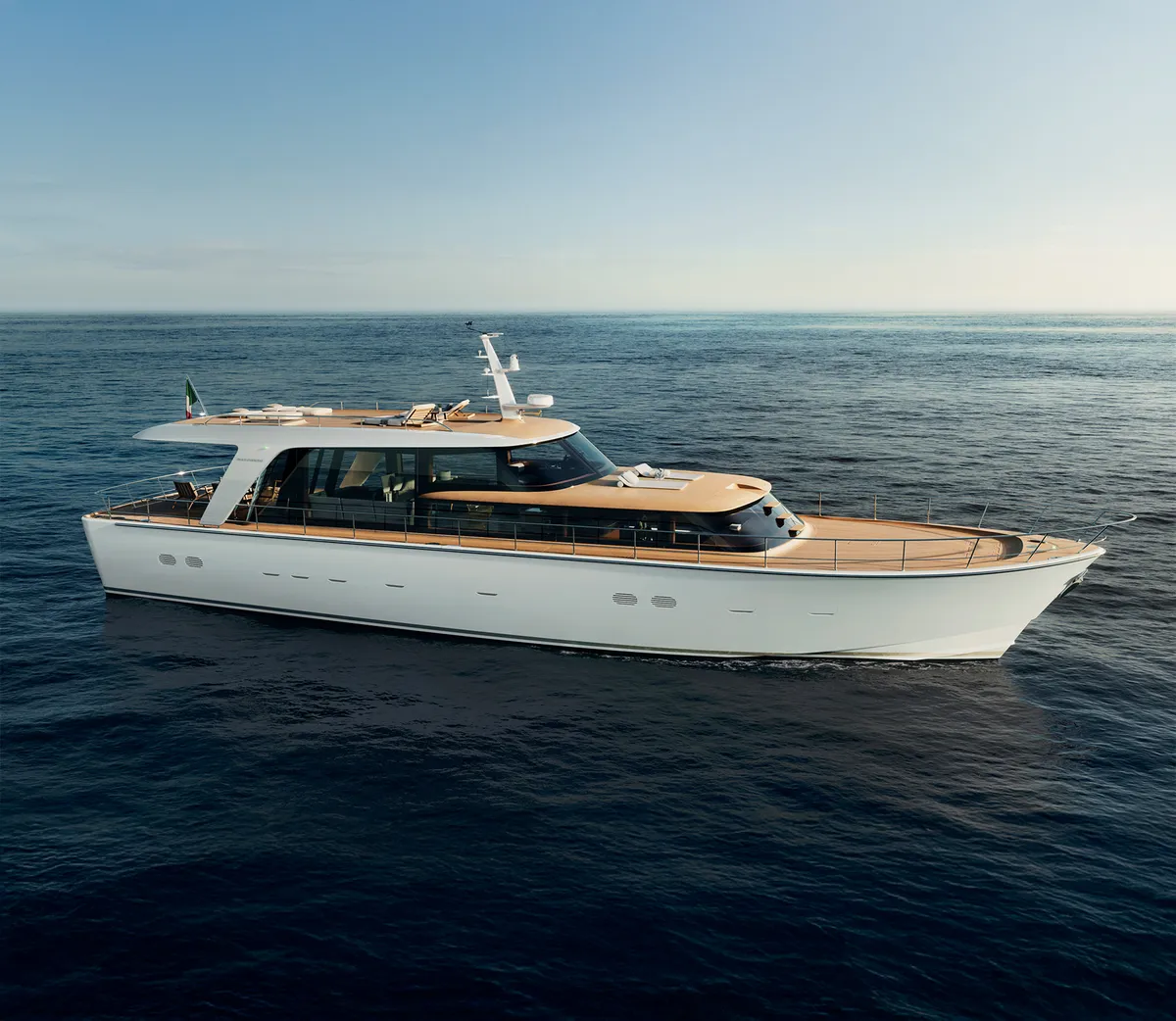 Sanlorenzo SHE: White motor yacht cruising at sea
