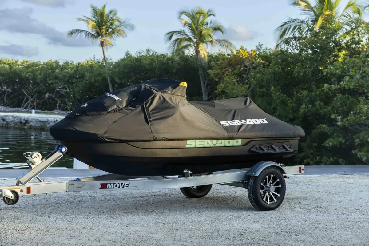 Sea-Doo GTI 130: Jet ski with cover on a trailer