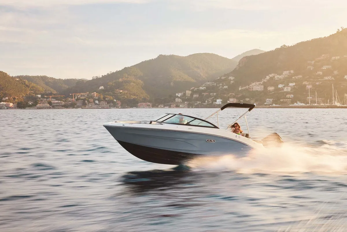 Sea Ray SPX 210 Outboard: Speedboat cruising across the sea