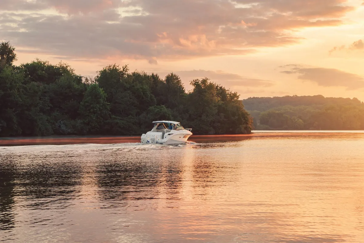 Sea Ray Sundancer 320 Outboard: Boat cruising at sunset