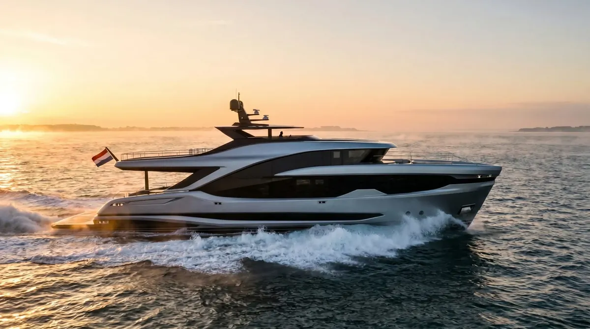 Steeler Yachts ACE 95: Yacht cruising at sunset