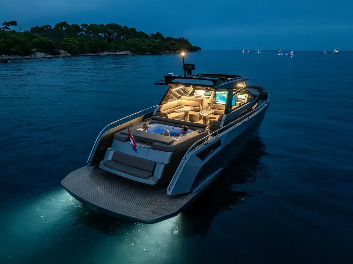 Steeler Yachts Bronson 50: Yacht illuminated at night