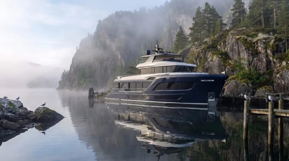 Steeler Yachts Ocean Explorer 88: Eine Yacht, die an einem Steg in einem Fjord vor Anker liegt