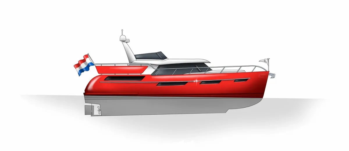 Super Lauwersmeer Discovery 43 AC: Red motorboat flying the Dutch flag