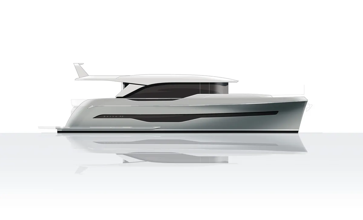 Van den Hoven Jachtbouw Elite 55: Render of a white yacht, side view