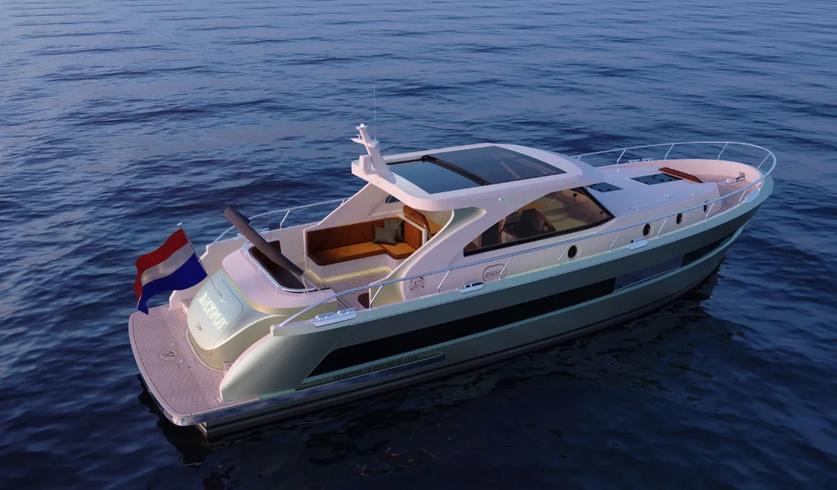 Vedette Premium Line 43: Aerial view of a motor yacht underway