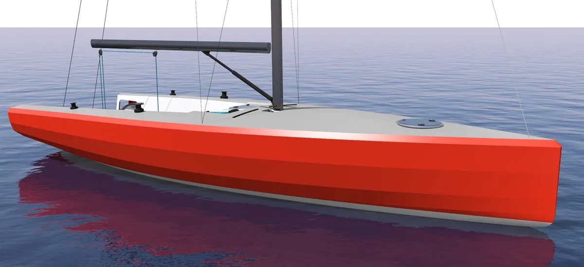 Waarschip Composites SB9: Segelboot mit rotem Rumpf