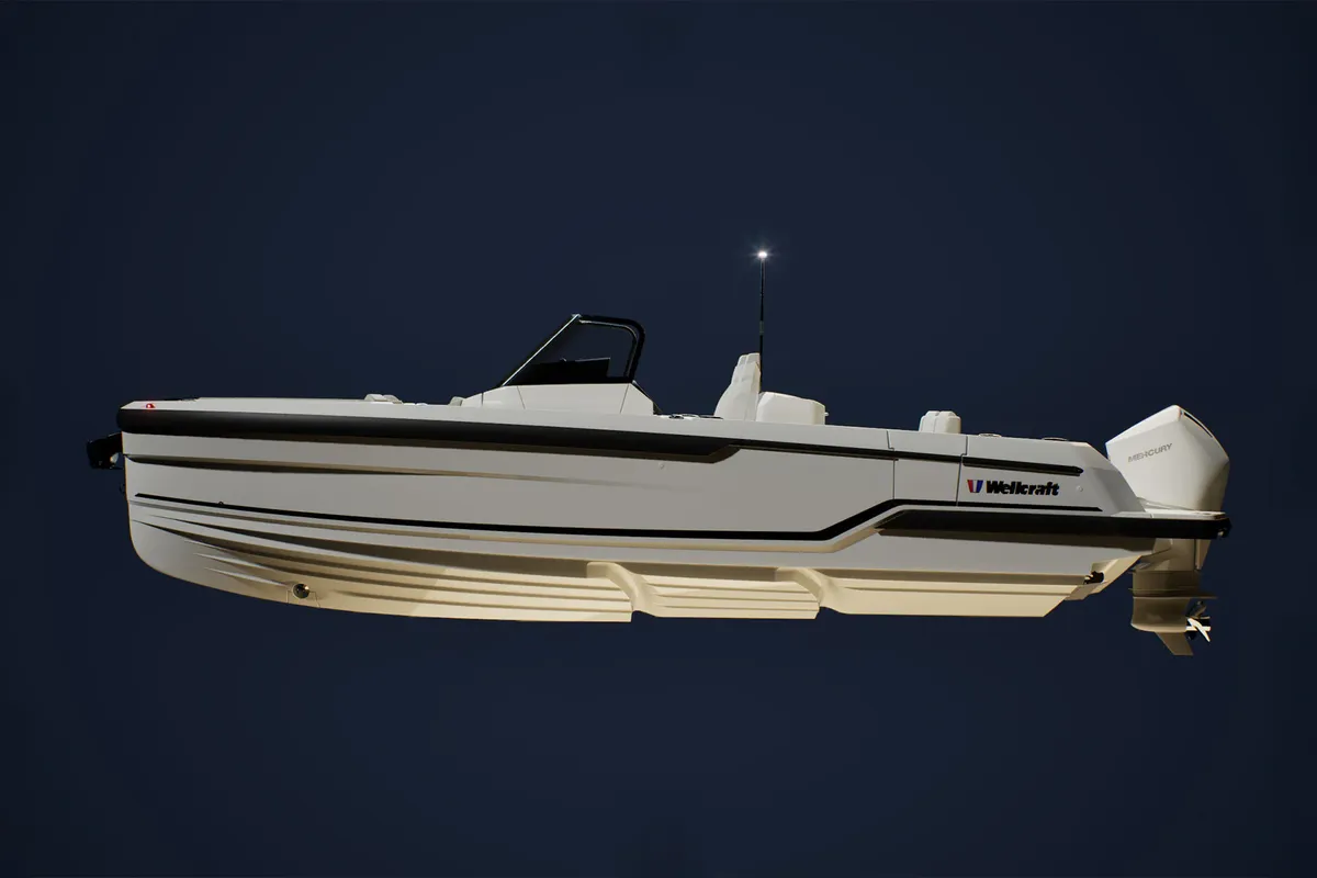 Wellcraft 28 Speedster: Side view of a boat against a dark background