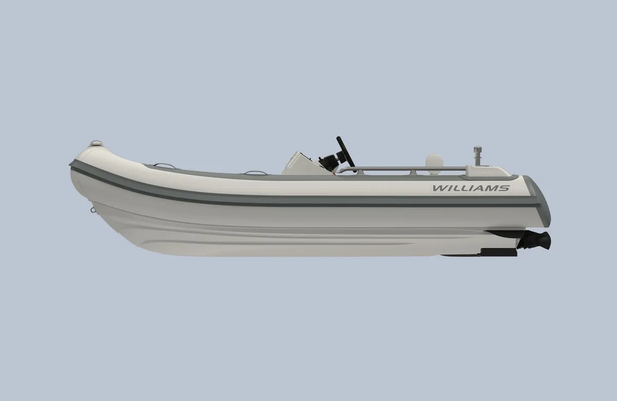 Williams Jet Tenders SportJet 395: Side view of a rubber dinghy on a grey background