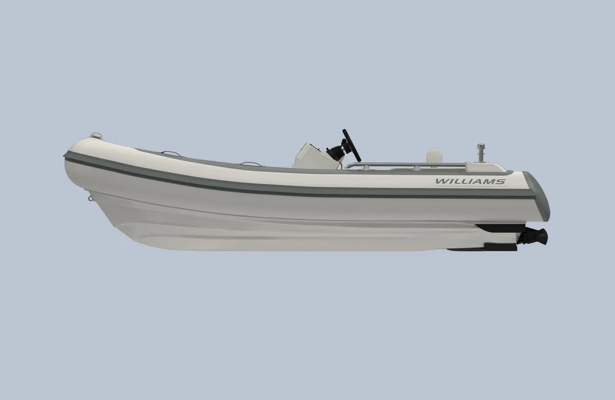 Williams Jet Tenders SportJet 435: Side view of a rubber dinghy on a grey background