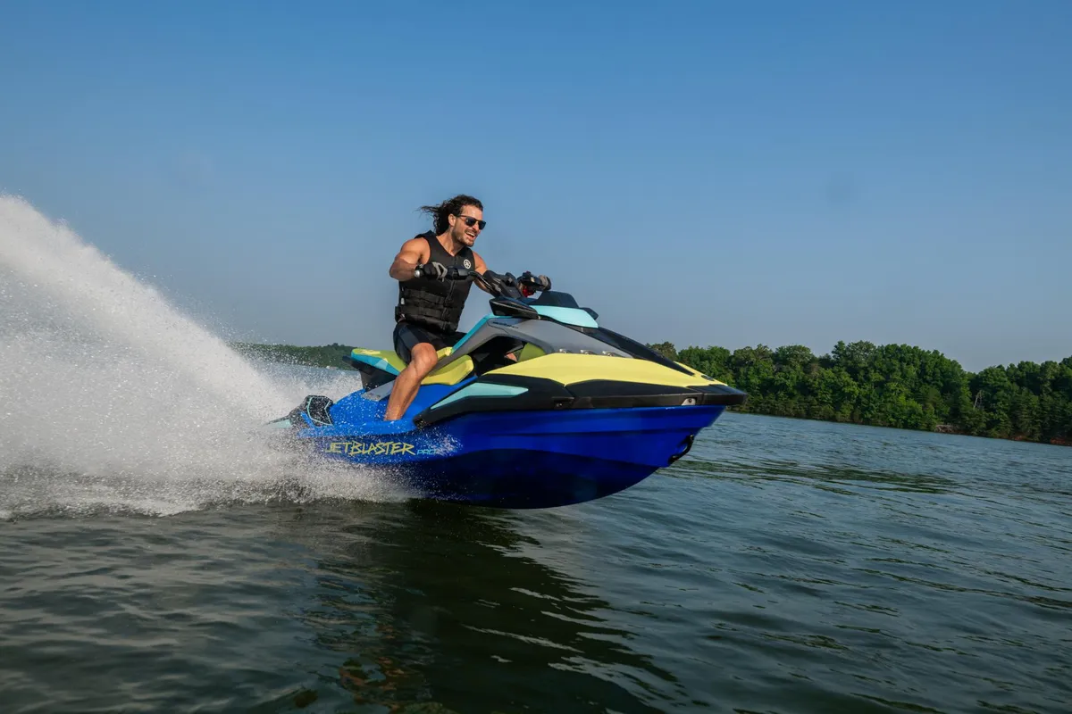 Yamaha WaveRunner JetBlaster PRO: A jet ski travelling on the water